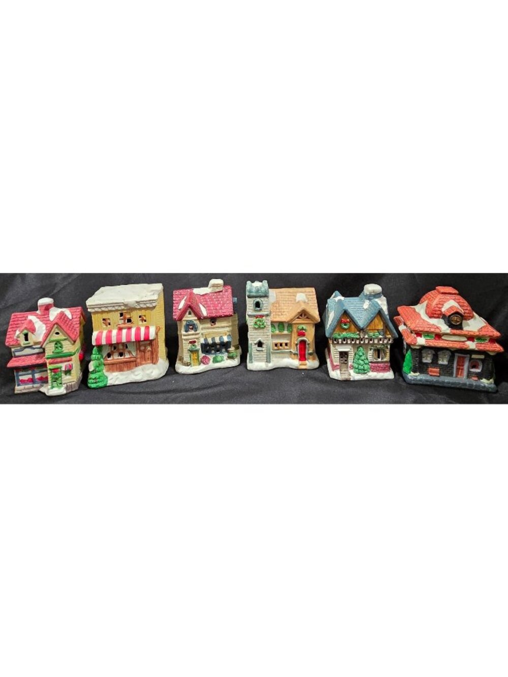 CHURCH CAFE TRAIN STATION SHOP HOUSES set of 6 small Christmas Village buildings